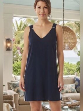 Navy Sleeveless V-Neck lounge or casual dress with White Side Stripes